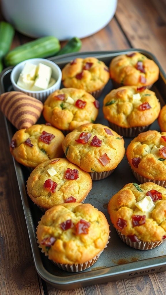 Savory bacon and zucchini muffins on a rustic tray, with a small bowl of herb butter.